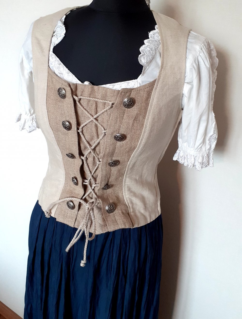 Trachtencorsage Leinenstoff 36 Baumstark Creme beigefarben Corsage zum Binden und seitlichem Reißverschluss braun-beige-Töne