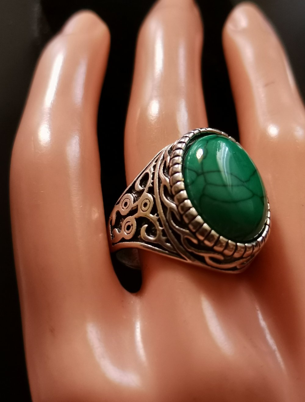 Herren Edelstahl Ring Grün Türkis Oval Gr.19