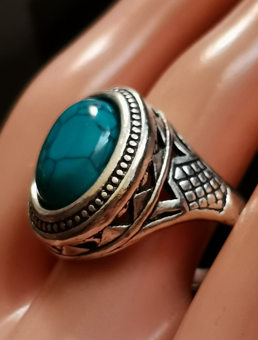 Edelstahl Herren Oval Ring BLAU türkis Stein Gr. 20,5