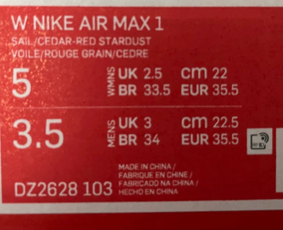Nike Air Max 1 Sneaker Turnschuhe Red Stardust Gr. 35,5 NEU OVP