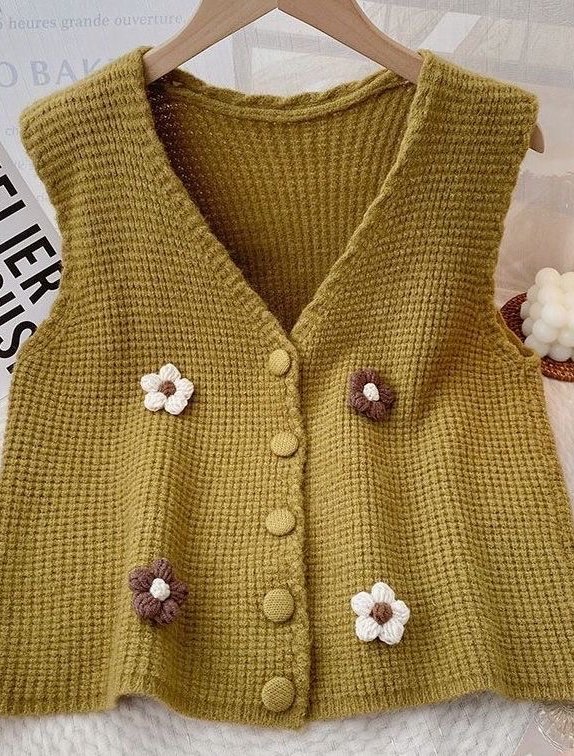 Strick Pullover neu Weste kahki senffarbe grün Blume Lolita süß