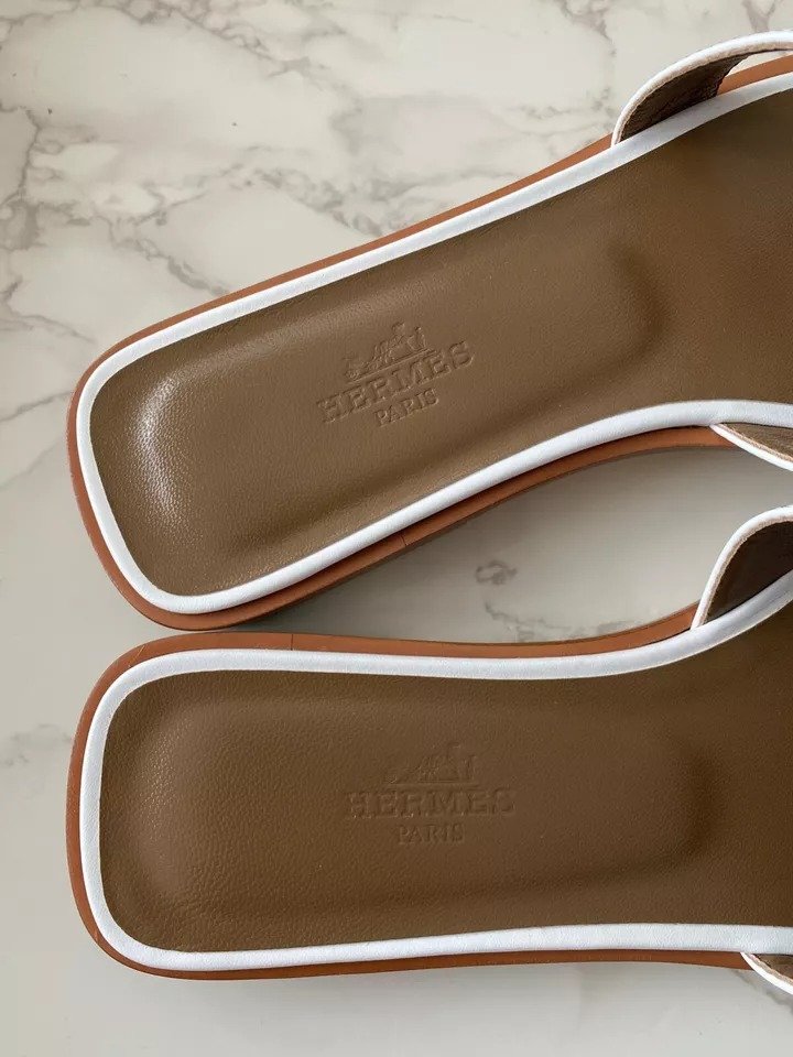 New Authentic HERMES Oran Sandal Mules Slides Shoes Thong Sandals White EU 36.5