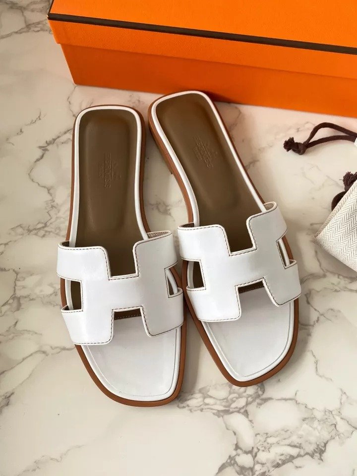 New Authentic HERMES Oran Sandal Mules Slides Shoes Thong Sandals White EU 36.5