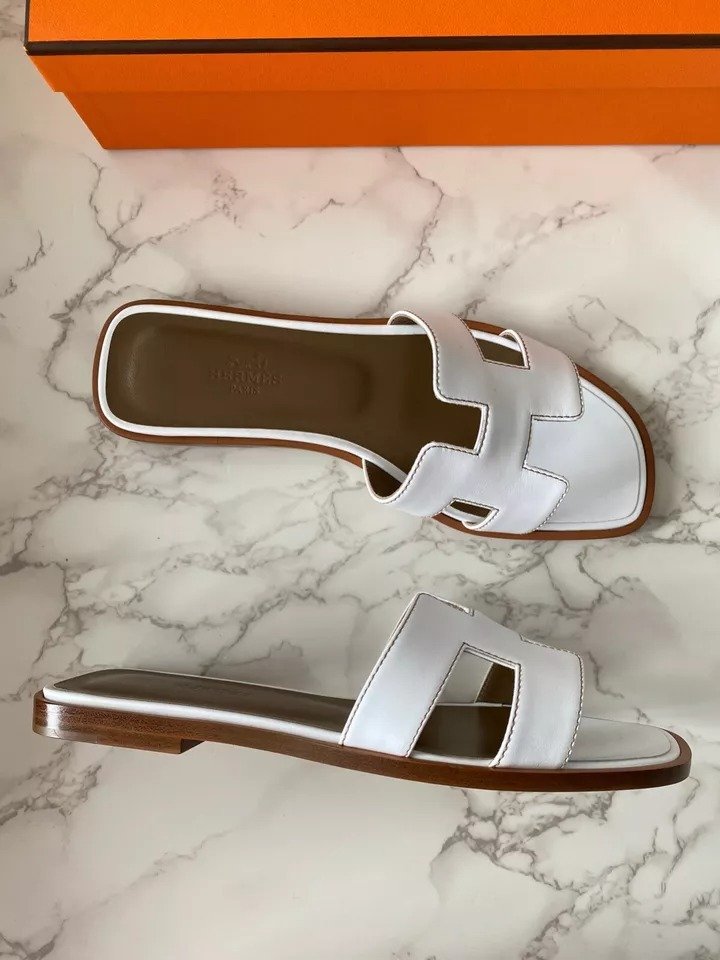 New Authentic HERMES Oran Sandal Mules Slides Shoes Thong Sandals White EU 36.5