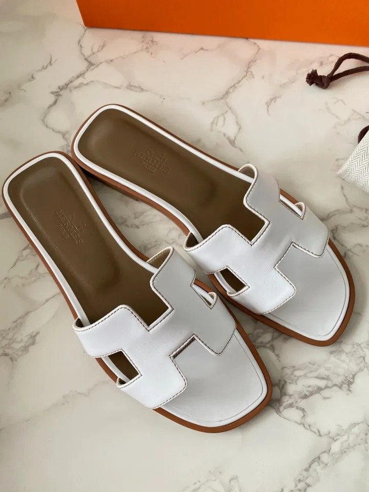 New Authentic HERMES Oran Sandal Mules Slides Shoes Thong Sandals White EU 36.5