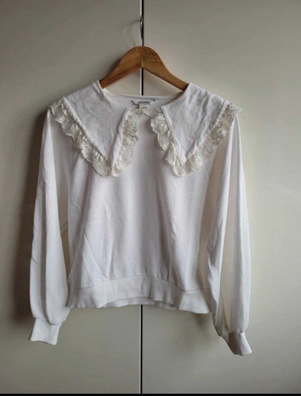 Monki Vintage Sweatshirt Bubikragen Sweater Retro 70er Puffärmel 70s Peter Pan Kragen Latzkragen Spitze Spitzenkragen Sweater Oversize Ballonärmel Zara