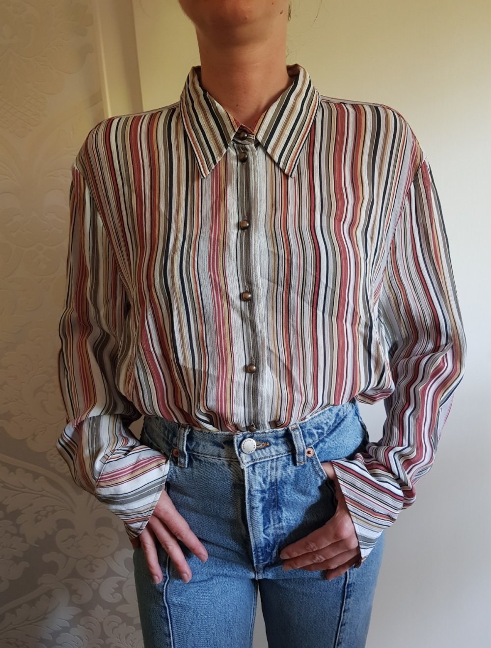 Karlsbader Vintage Bluse 100% Viskose gestreift Streifen bunt truevintage goldene Knöpfe real Vintage M 38