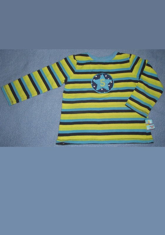 Gr.92 Langarmshirt gelbgrün blau geringelt - Handarbeit