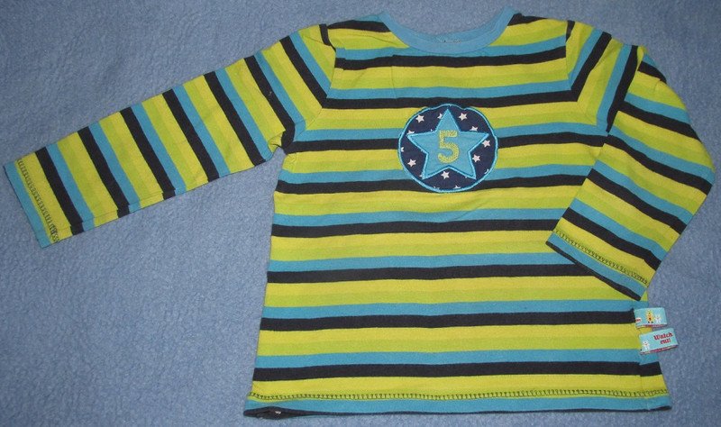 Gr.92 Langarmshirt gelbgrün blau geringelt - Handarbeit