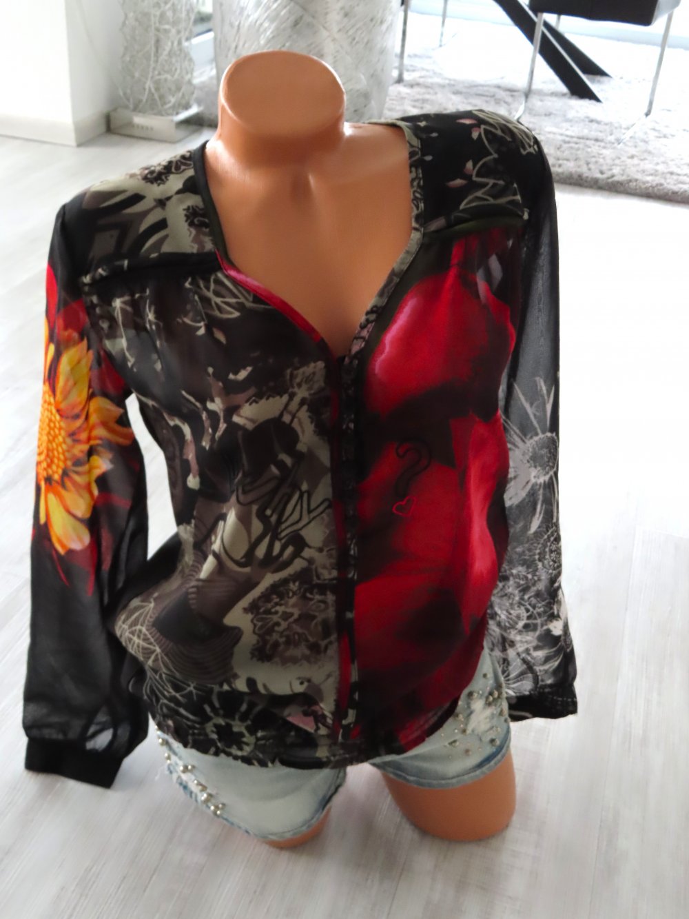 Desigual Bluse Pullover Jacke Top Shirt Hemd Bluse rot schwarz M 38 Tunika Ibiza
