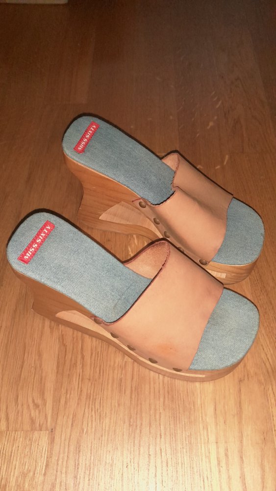 Miss Sixty Wedges Holz Plateau Y2K Heels Pantoletten Mules Jeans Leder 38