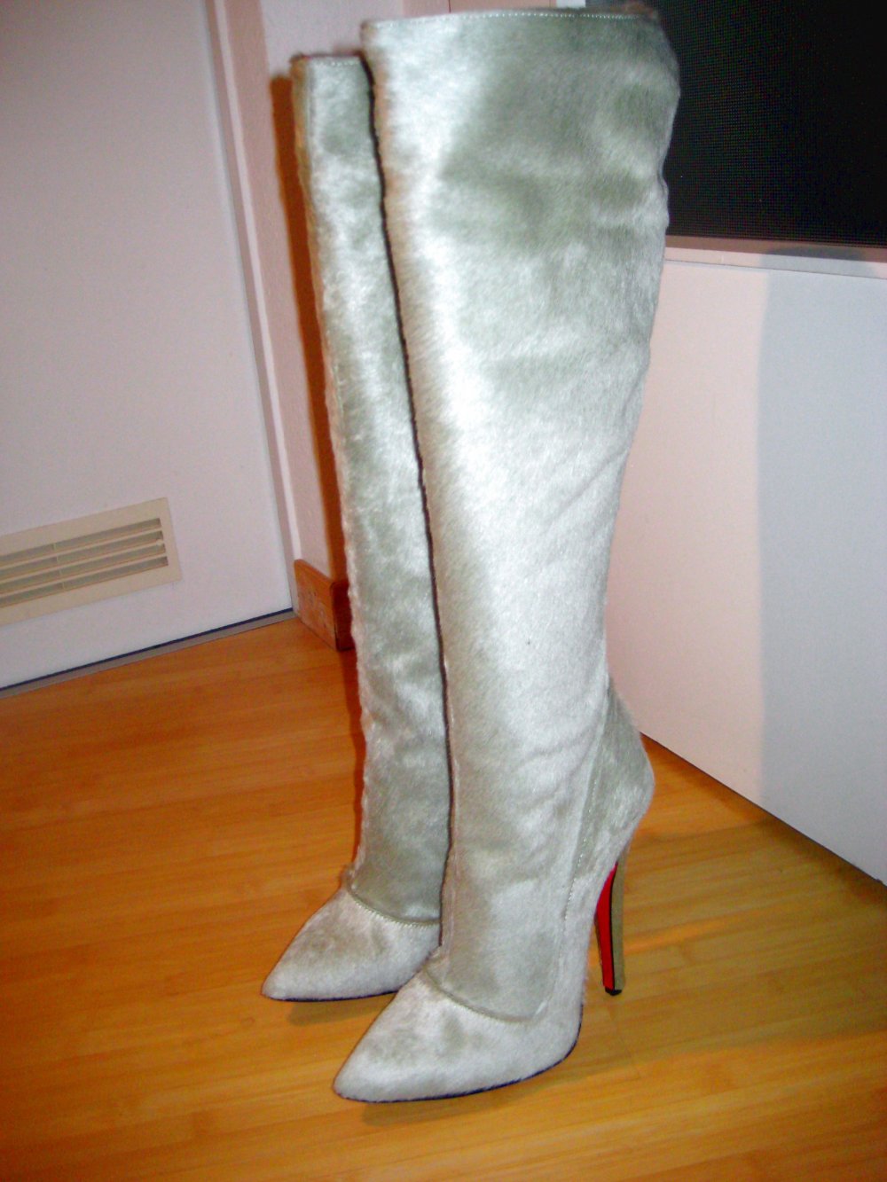 Made in Italy Mori steile High Heel Stiefel Pony Fell Leder grün Pistazie 40