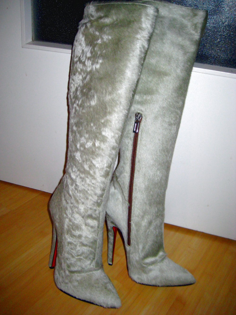 Made in Italy Mori steile High Heel Stiefel Pony Fell Leder grün Pistazie 40