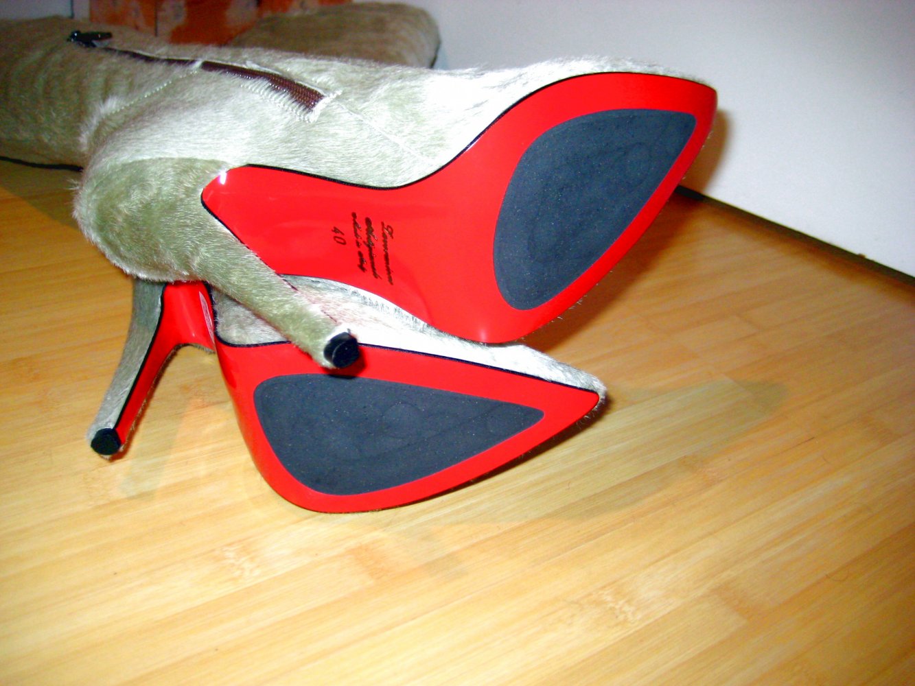 Made in Italy Mori steile High Heel Stiefel Pony Fell Leder grün Pistazie 40