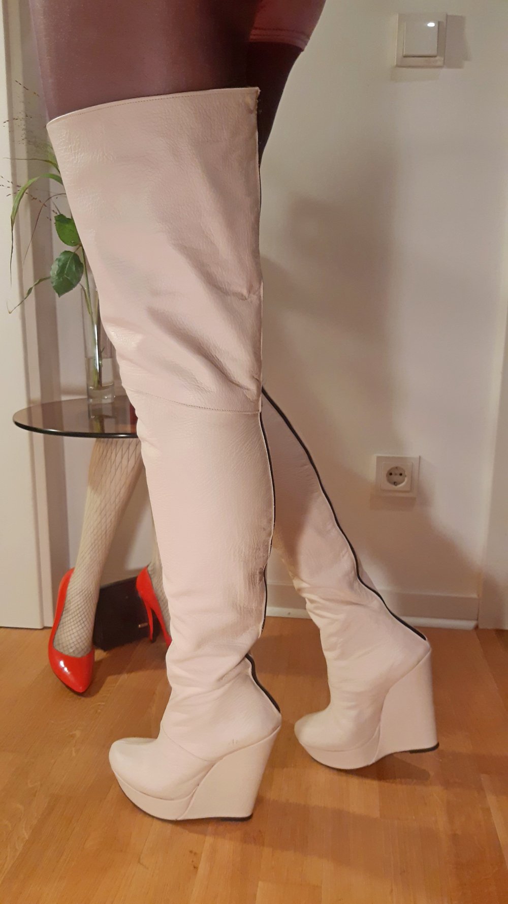 Überknie Gianrico Mori Plateau Overknee Leder Stiefel nude beige Keilabsatz 40