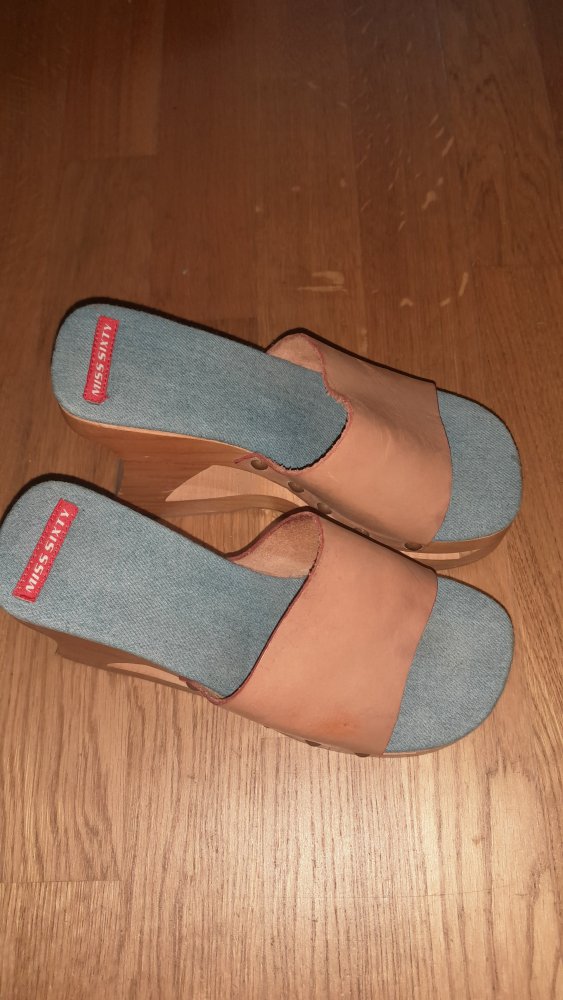 Miss Sixty Wedges Holz Plateau Y2K Heels Pantoletten Mules Jeans Leder 38