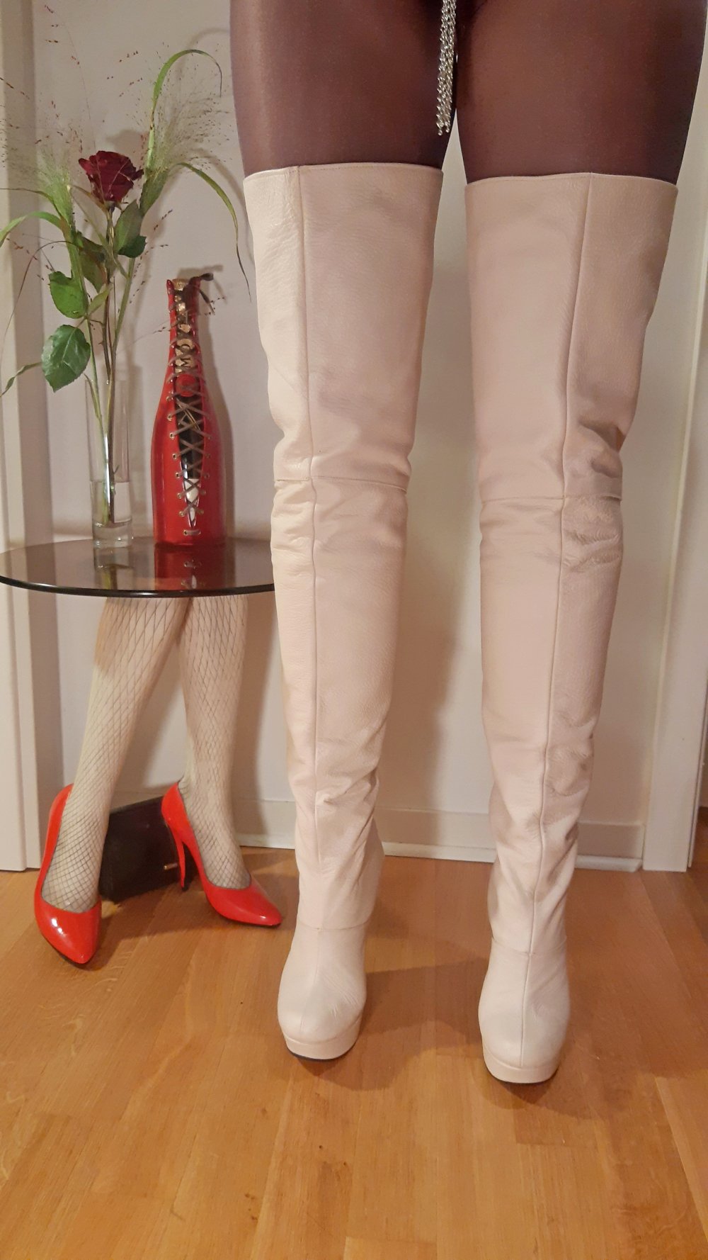 Überknie Gianrico Mori Plateau Overknee Leder Stiefel nude beige Keilabsatz 40