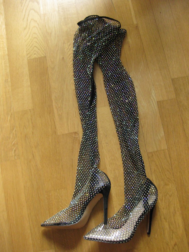 Netz Strass Overknee Stiefel Glitzer High Heels 40