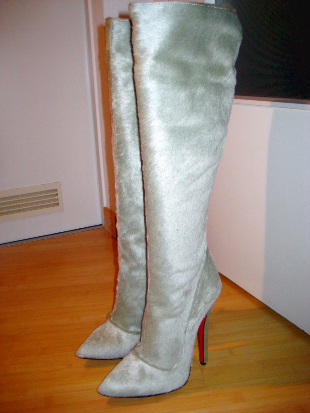 Made in Italy Mori steile High Heel Stiefel Pony Fell Leder grün Pistazie 40