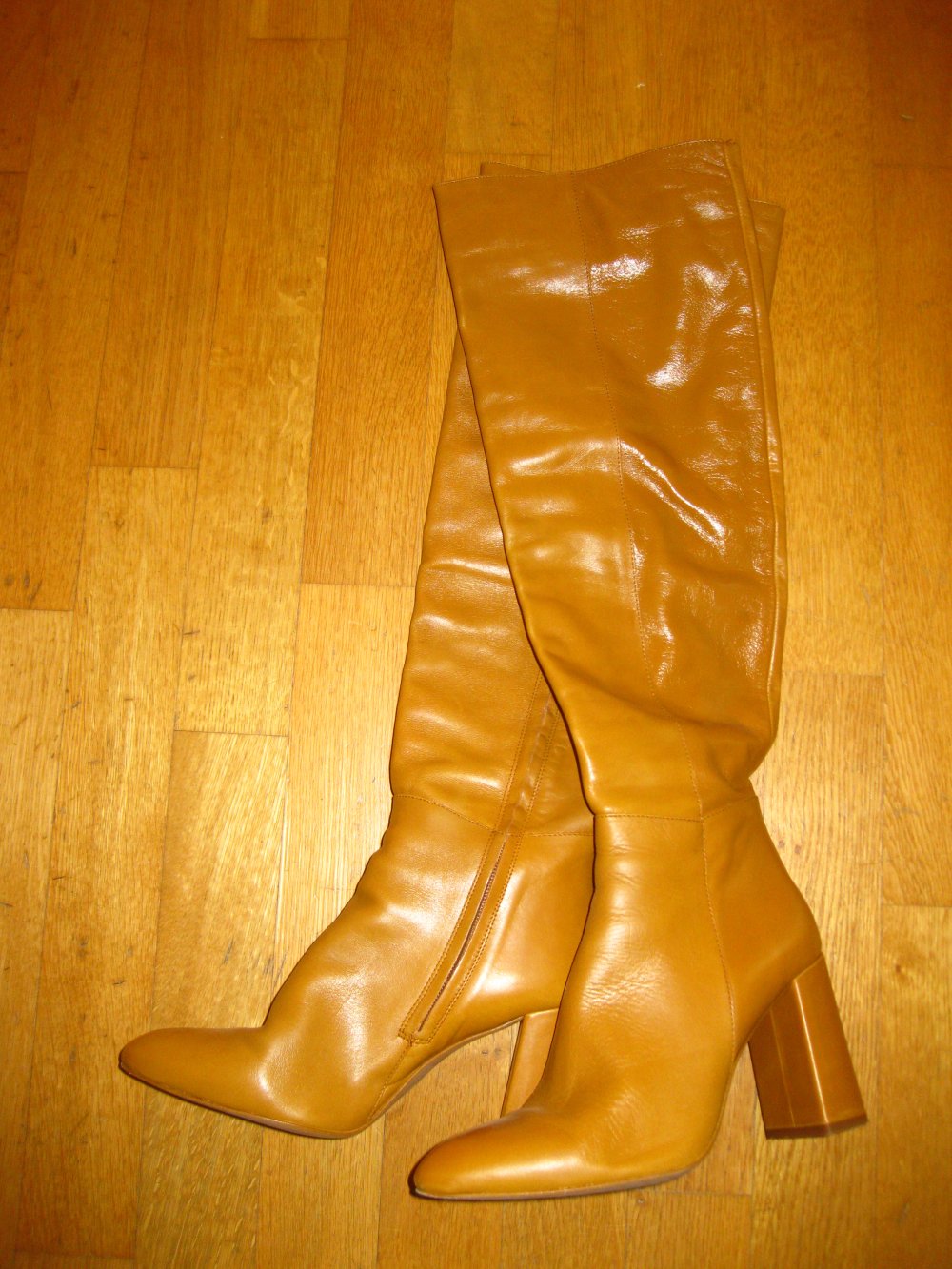 Zara Overknee Schlupfstiefel Leder beige aprikose 40