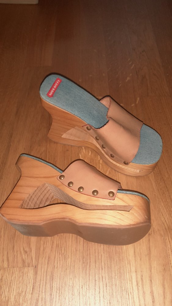 Miss Sixty Wedges Holz Plateau Y2K Heels Pantoletten Mules Jeans Leder 38
