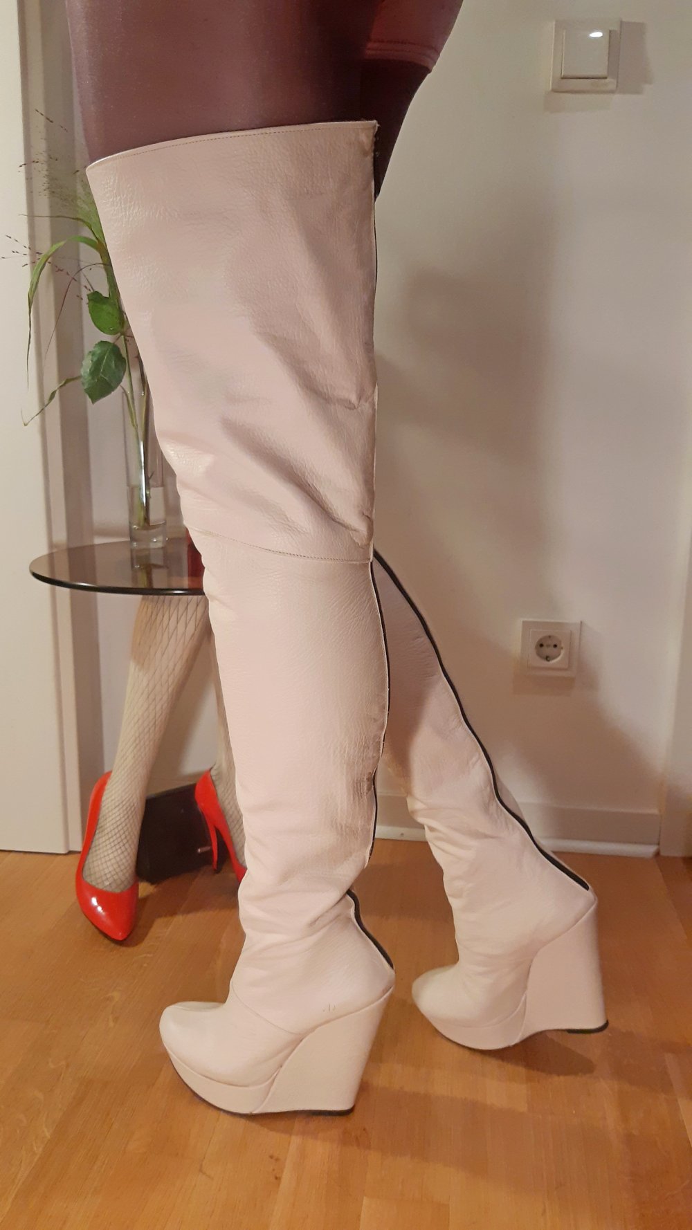 Überknie Gianrico Mori Plateau Overknee Leder Stiefel nude beige Keilabsatz 40