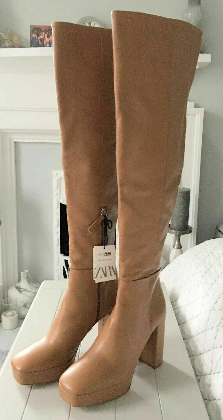 Überknie ZARA Plateau Overknee Glattleder Stiefel hellbraun braun 40