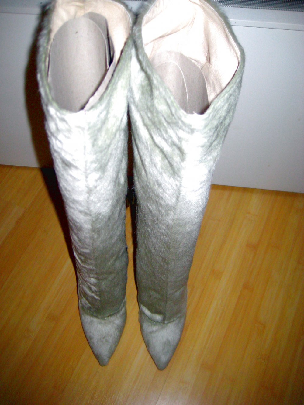 Made in Italy Mori steile High Heel Stiefel Pony Fell Leder grün Pistazie 40