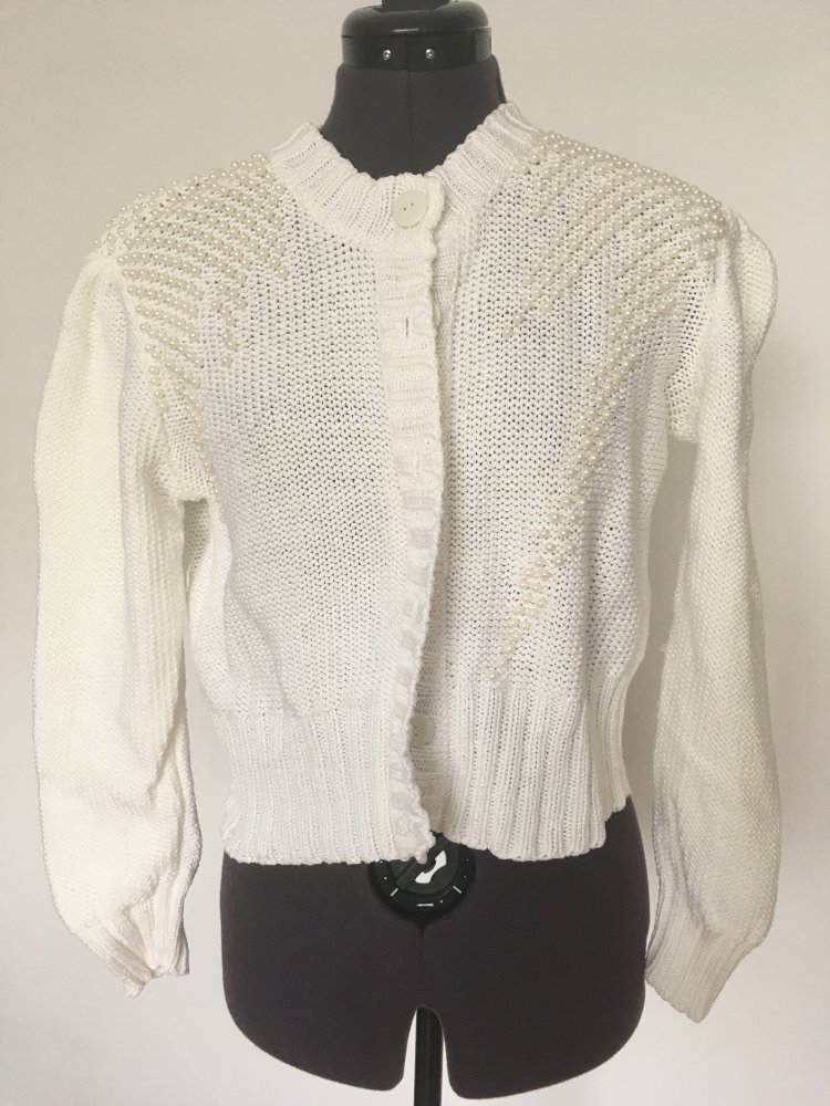 Vintage Kriziamaglia Strickjacke mit Perlen, weiß - 100 % Baumwolle, Gr. XXL / 44