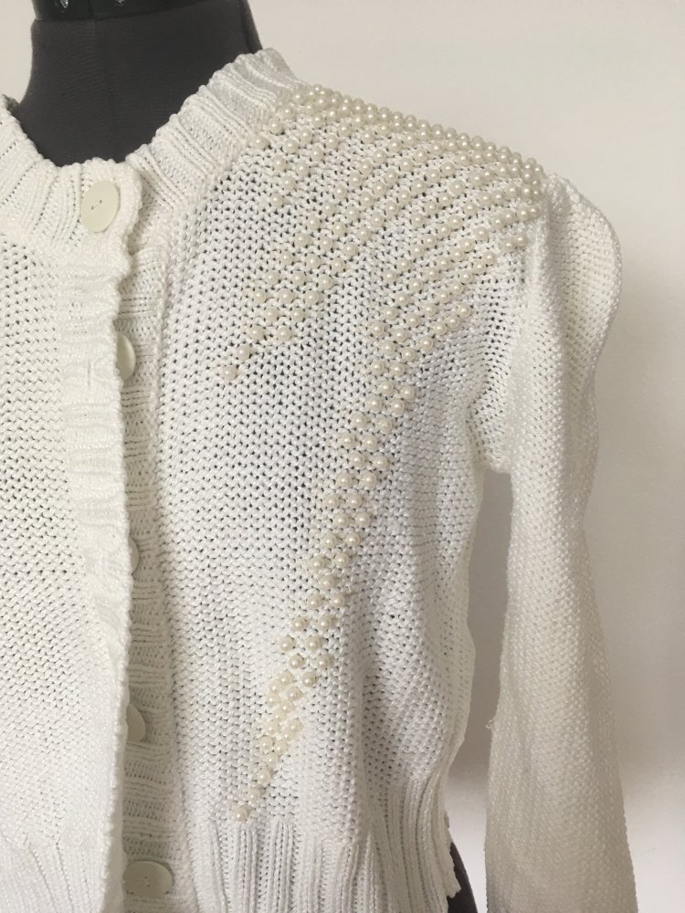 Vintage Kriziamaglia Strickjacke mit Perlen, weiß - 100 % Baumwolle, Gr. XXL / 44