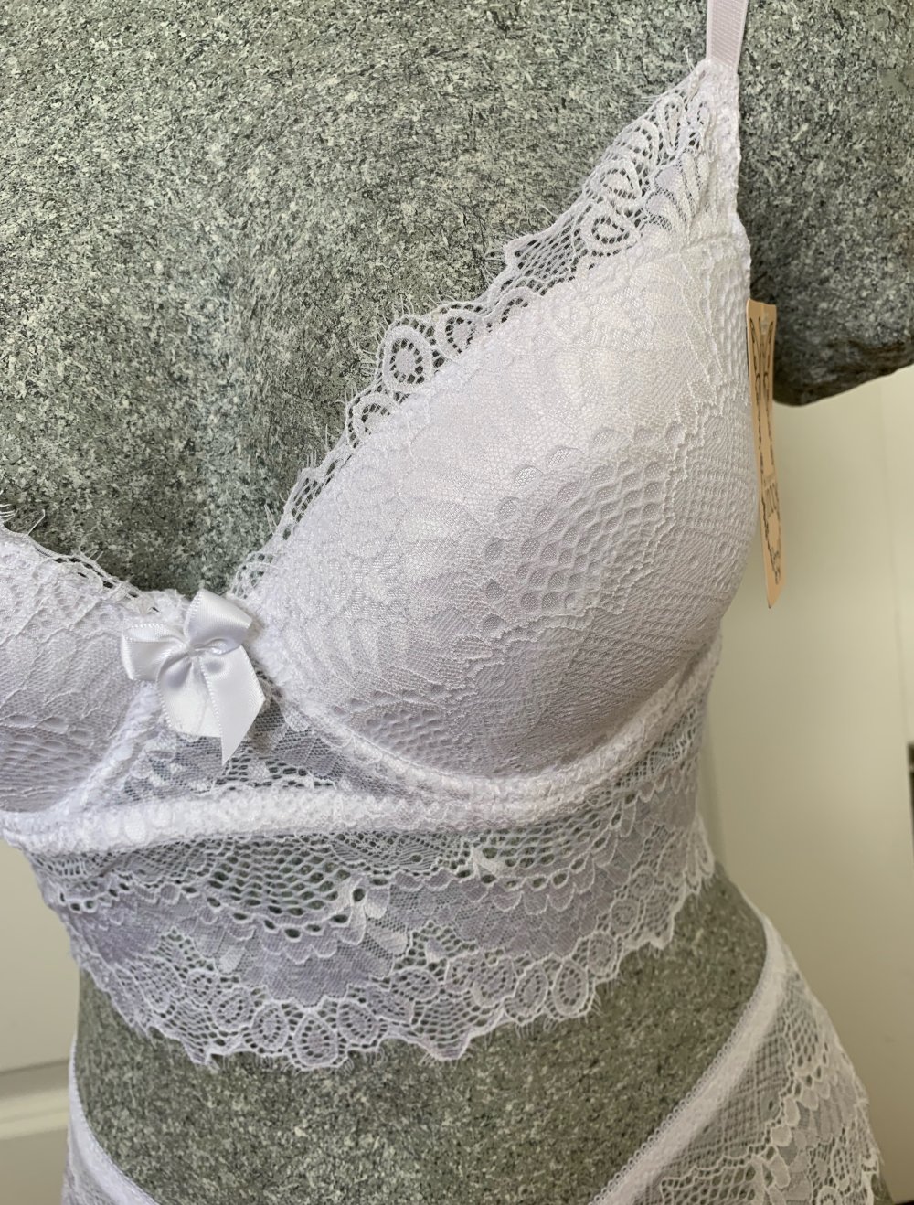 Dessous Set 2-teil. Bügel-BH + Slip Spitze Push-Up Unterwäsche 85/B Weiß