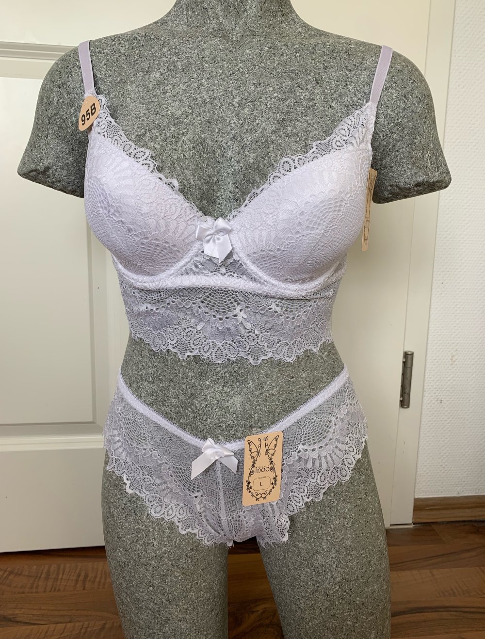 Dessous Set 2-teil. Bügel-BH + Slip Spitze Push-Up Unterwäsche 85/B Weiß