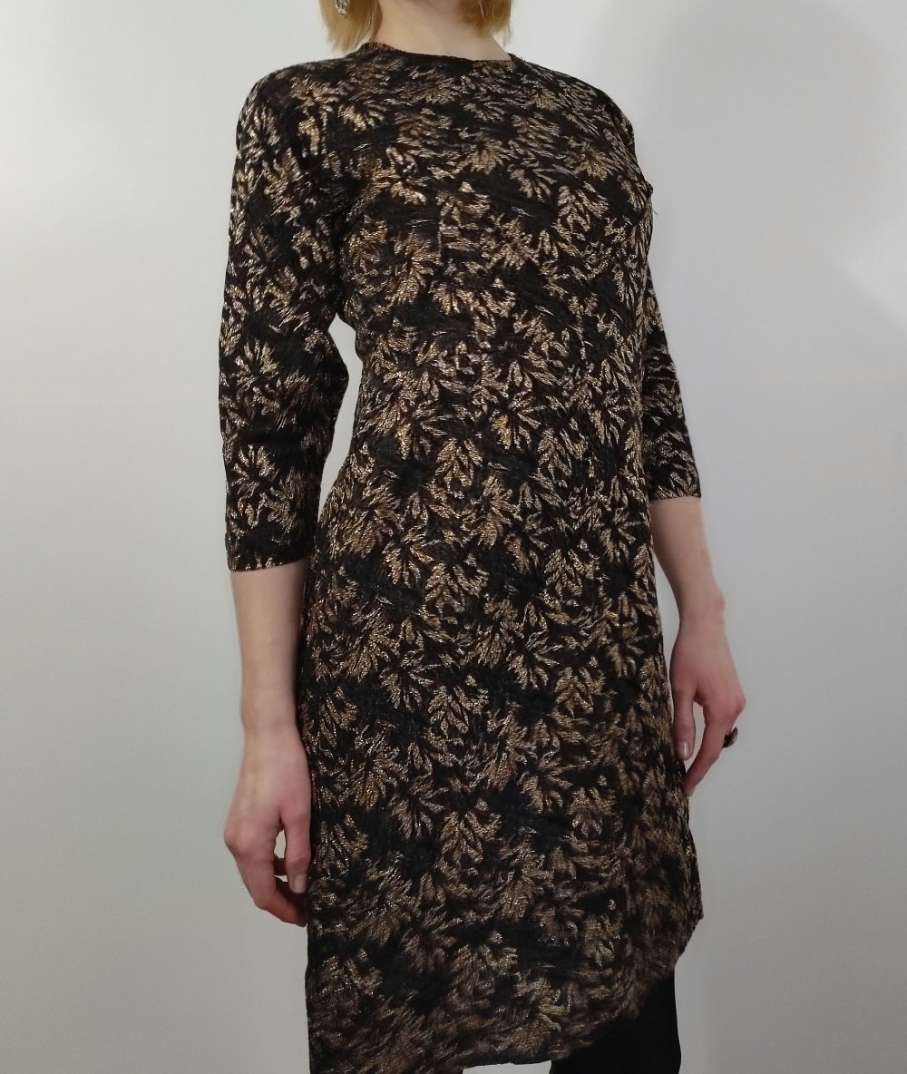 Elegantes Vintage-Kleid, Schwarz-Goldene Jacquard
