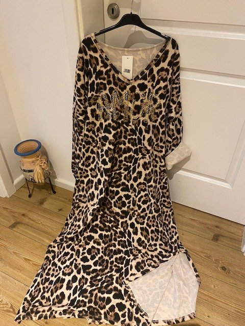 Stylisches Maxikleid Kaftankleid mit V-Ausschnitt Leo-Print, Glitzer Details Gr. L-XXL