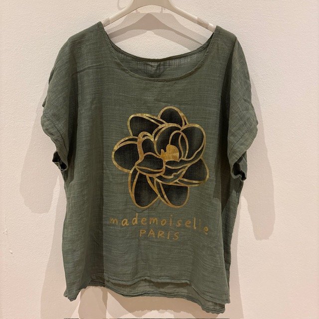 T-Shirt Bluse Damen Oberteil Italy Khaki mit Blumen-Print Einheitsgröße S-XL Zustand hervorragend