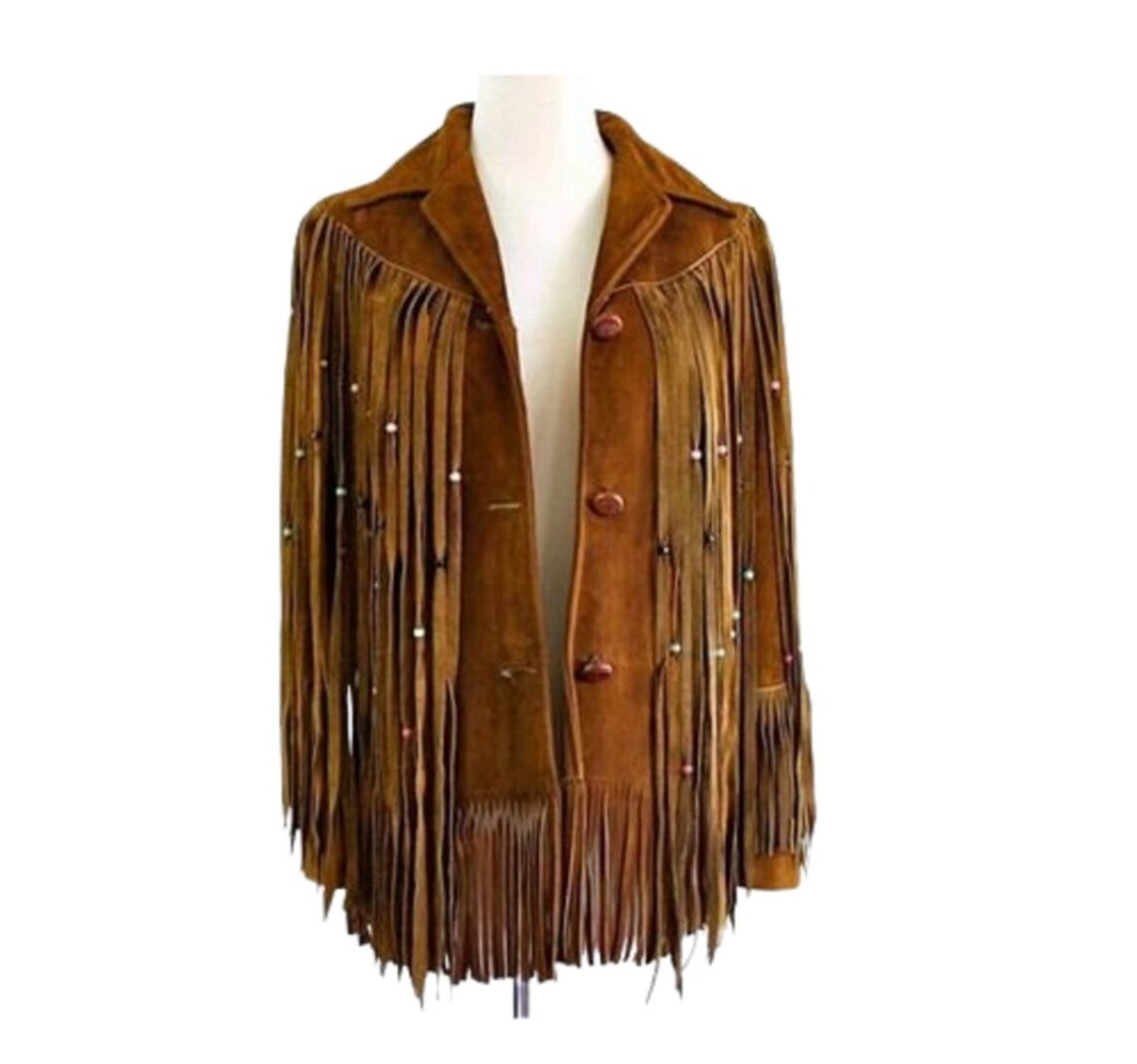 Western Cowboy Lederjacke, braun, mit Fransen