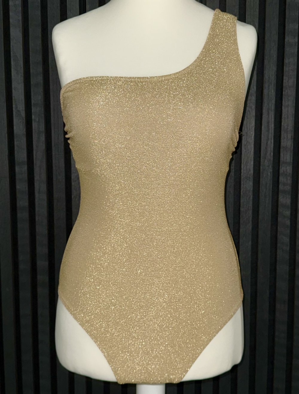 Infinity Badeanzug Gr. XL Neu One Shoulder Gold Glitzer