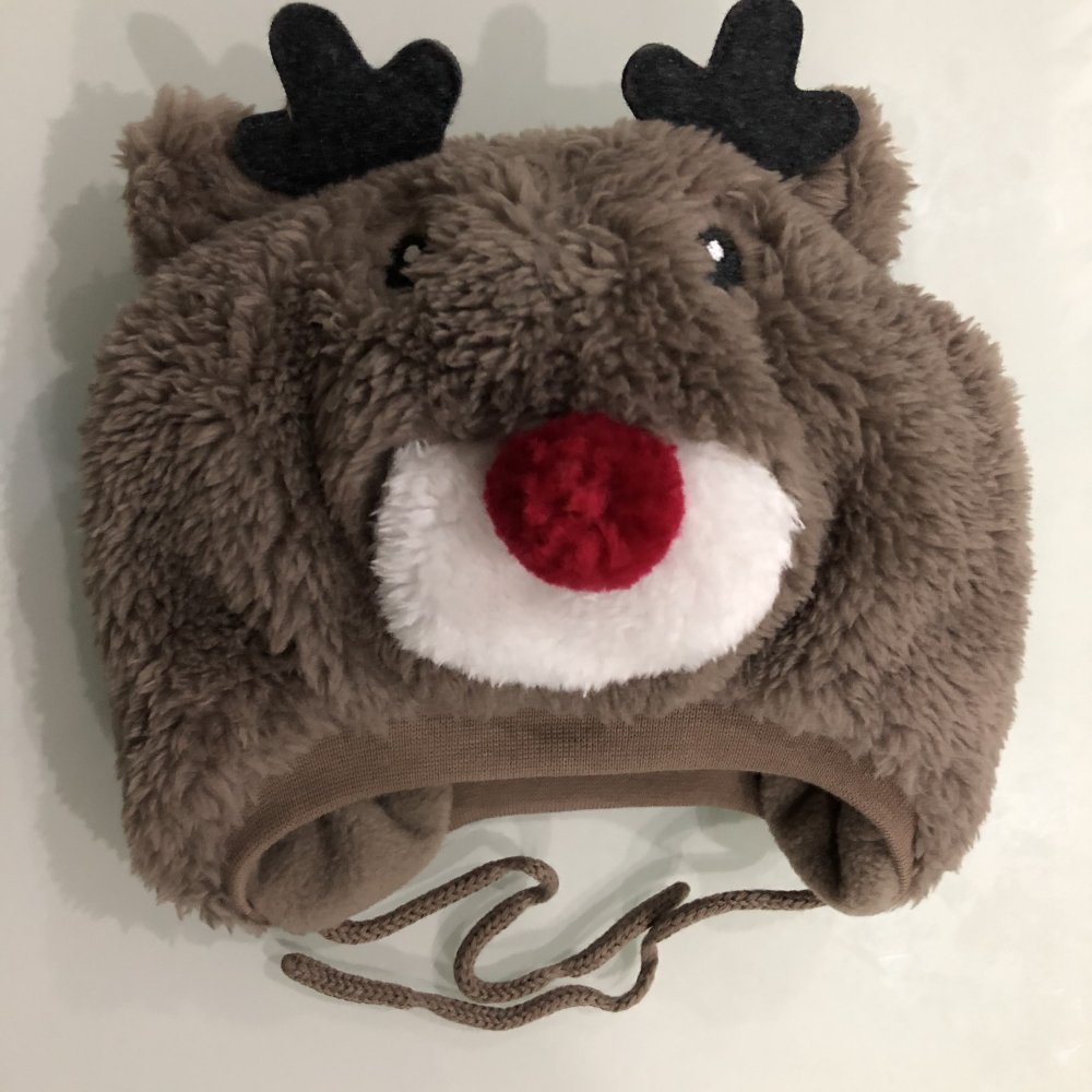 Baby Kinder Mädchen Jungen Mütze Weihnachten Weihnachtsmütze im Rudolph-Design setzt auf wärmende Ohrenklappen und ein appliziertes Geweih Gefüttert Rentier Winter Gr. 62