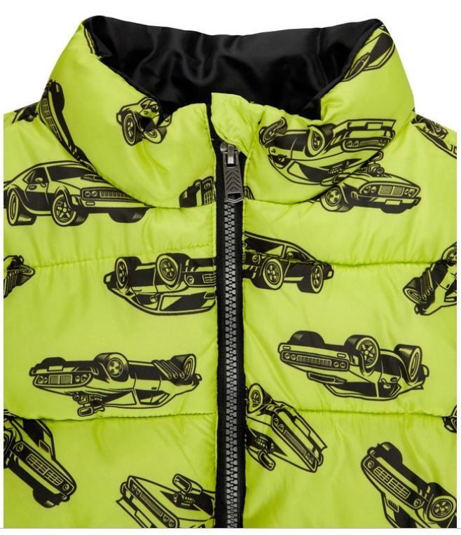Jungen Kinder Weste Steppweste Autos Fahrzeuge Reißverschluss Grün Gelb Gr. 122 