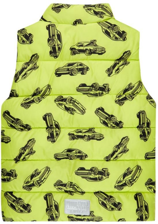 Jungen Kinder Weste Steppweste Autos Fahrzeuge Reißverschluss Grün Gelb Gr. 122 
