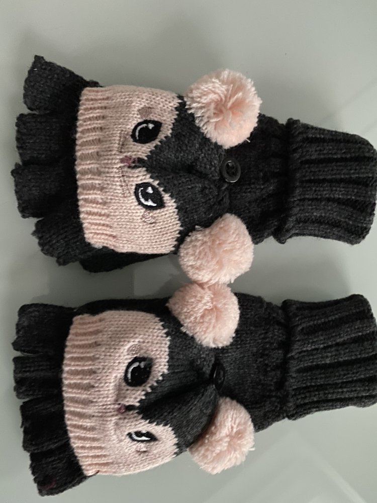 Gestrickte Fausthandschuhe mit Pompons, aufgesticktem Motiv und Rippenbündchen Tiere Gr. 110/116