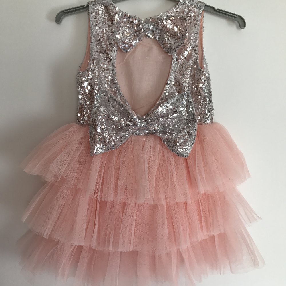 Kinder Mädchen Kleidchen Party Weihnachten Silvester Besondere Anlässe Festlich Herz Schleife Tutu Tüll Glitzer Glanz Effekt neu mit Etikett Silber Rosa Lachsfarbe, Gr. 98/104