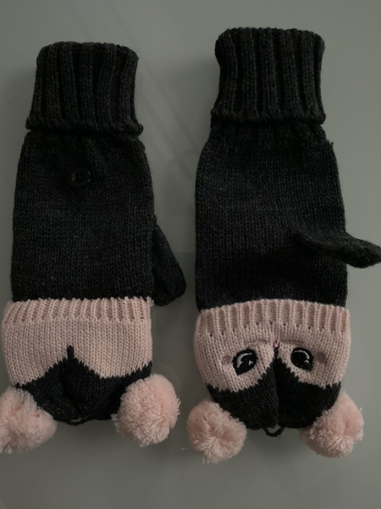 Gestrickte Fausthandschuhe mit Pompons, aufgesticktem Motiv und Rippenbündchen Tiere Gr. 110/116