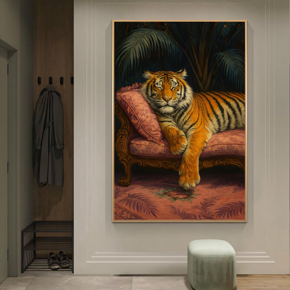 Digitales Poster Tiger auf Sofa – Vintage Dschungel Kunst – JPEG 300dpi