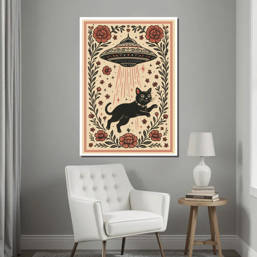Digitales Poster UFO & schwarze Katze – Retro Space Katzenkunst – JPEG 300dpi