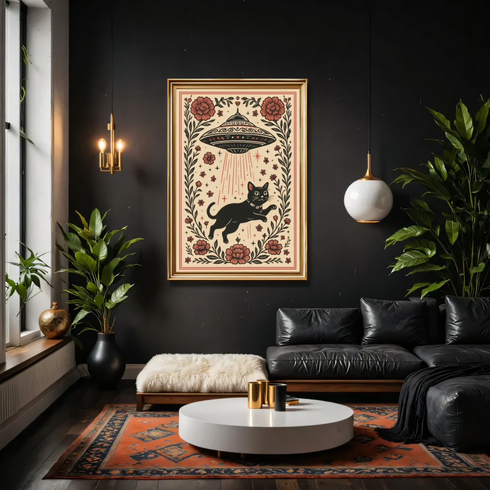 Digitales Poster UFO & schwarze Katze – Retro Space Katzenkunst – JPEG 300dpi