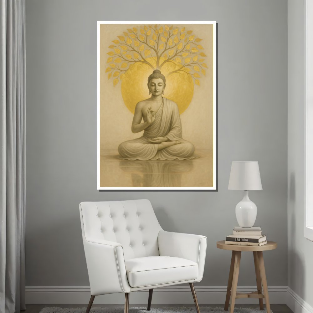 Digitales Poster Buddha unter goldenen Baum – Meditation Yoga – JPEG 300dpi