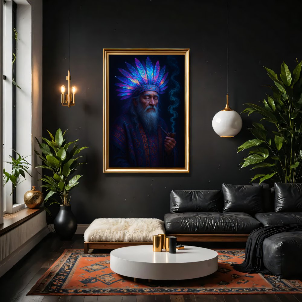Digitales Poster Schamane mit Federkrone Neon – Spirit Art – JPEG 300dpi