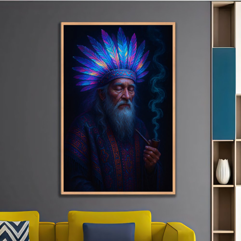 Digitales Poster Schamane mit Federkrone Neon – Spirit Art – JPEG 300dpi