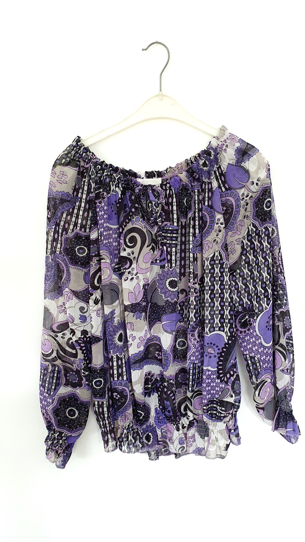 Italienische Carmenbluse Schlupftbluse offshoulder violett schwarz